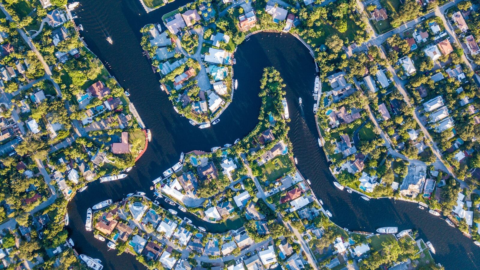 Aerial view of Fort Lauderdale&rsquo;s Intracoastal canals lined with homes and boats, the Venice of America