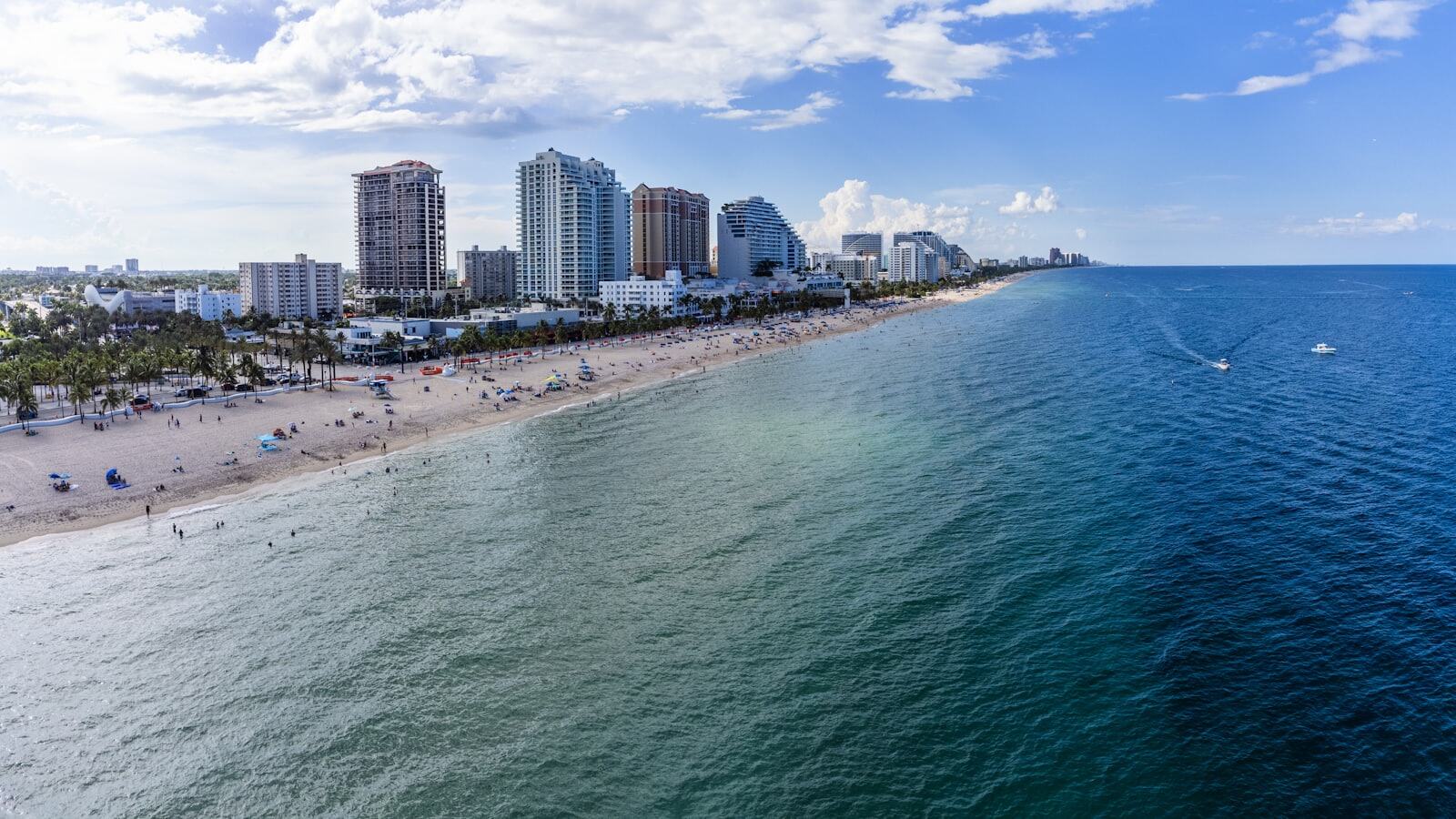 Aerial view of Fort Lauderdale Beach, the oceanfront hotel skyline, and turquoise Atlantic water