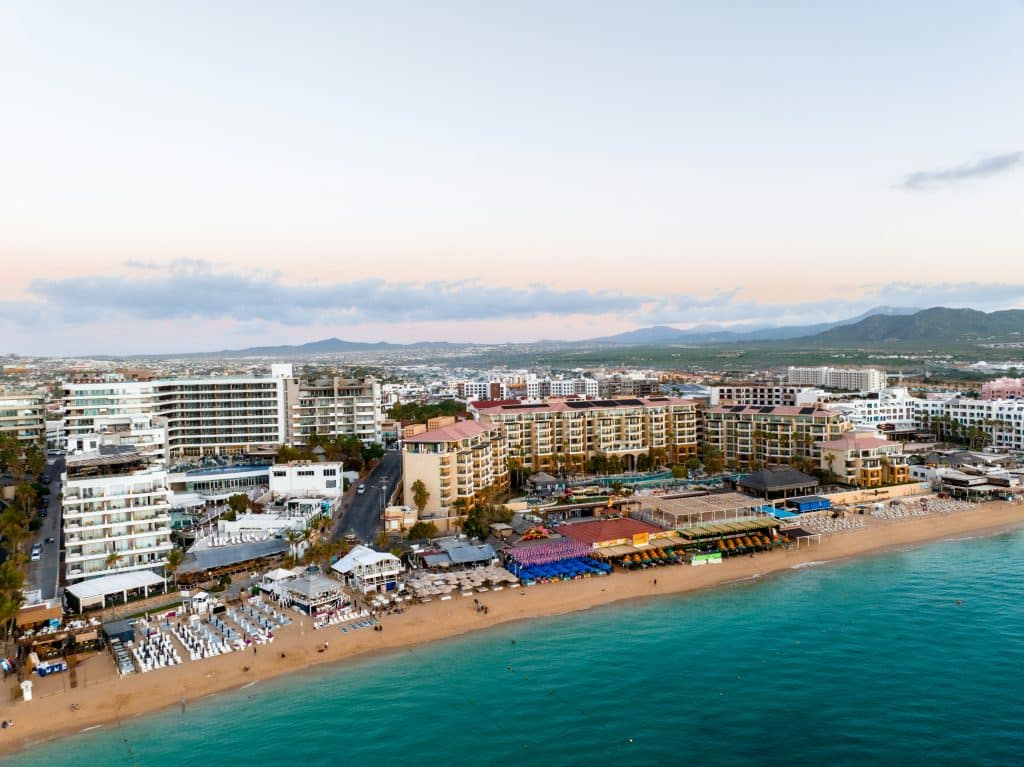 Aerial view of beach and resorts in Cabo San Lucas, BCS, Mexico