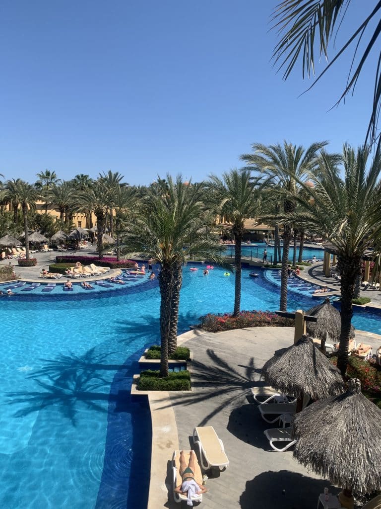 A large outdoor resort pool is surrounded by palm trees and sun loungers. Guests relax on sunbeds and swim in the blue water under a clear sky. Thatched umbrellas provide shade. The scene is bright and tropical.