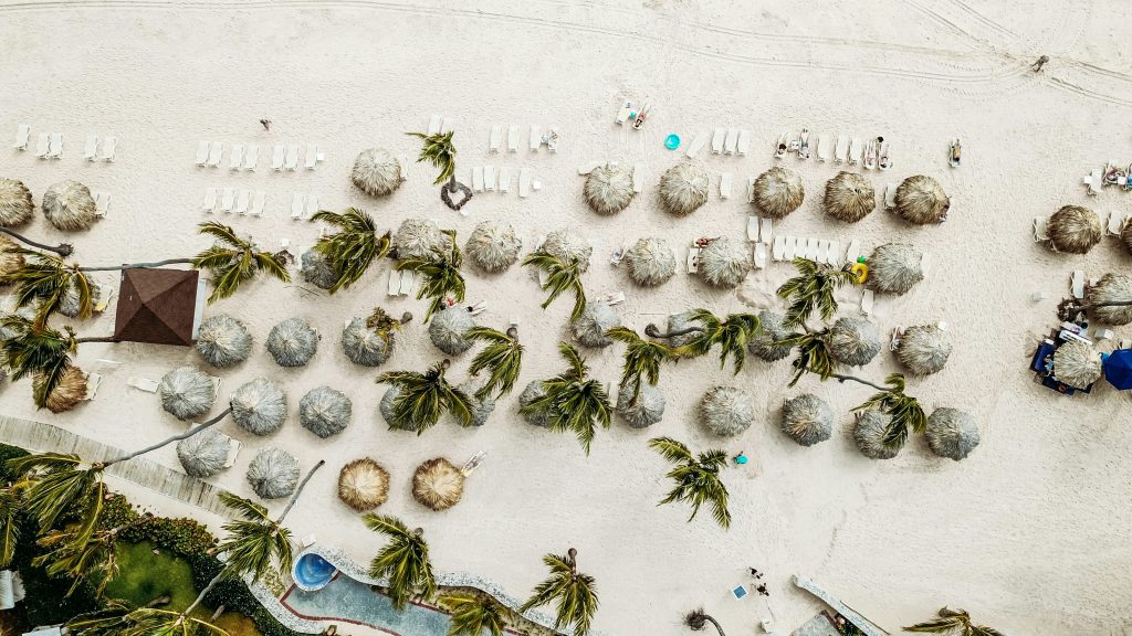 Aerial view of a beach with straw umbrellas and palm trees scattered on the sand. White lounge chairs are arranged in rows beside the umbrellas. People are visible relaxing and enjoying the sunny scene, embracing Go Blue's new all-inclusive experience.