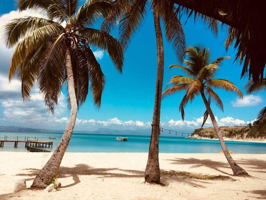 Tropical beach scene with palm trees, white sand, clear blue water, a small dock, and a boat in the distance under a partly cloudy sky.