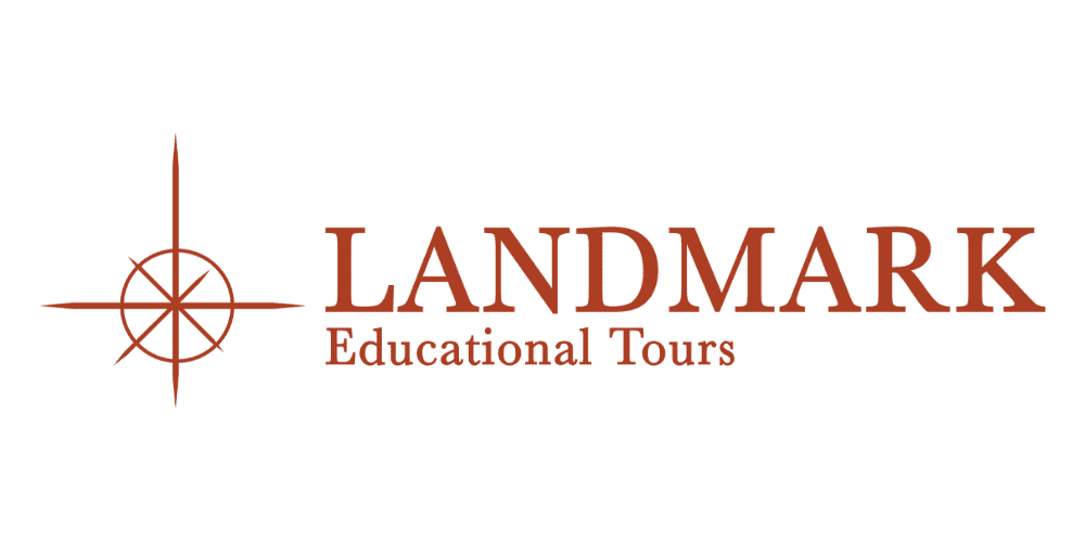 Logo for "Landmark Educational Tours" featuring a brown compass symbol on the left and the company name in bold brown letters on the right, with "Educational Tours" written below "Landmark.